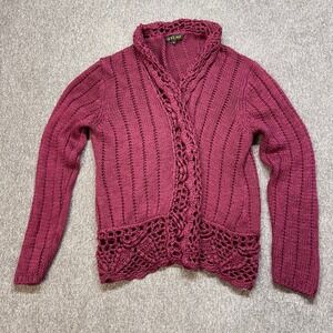 Gizel Magenta Knit Cardigan Wool Blend Crochet Lace Detail Collar Button M Boho